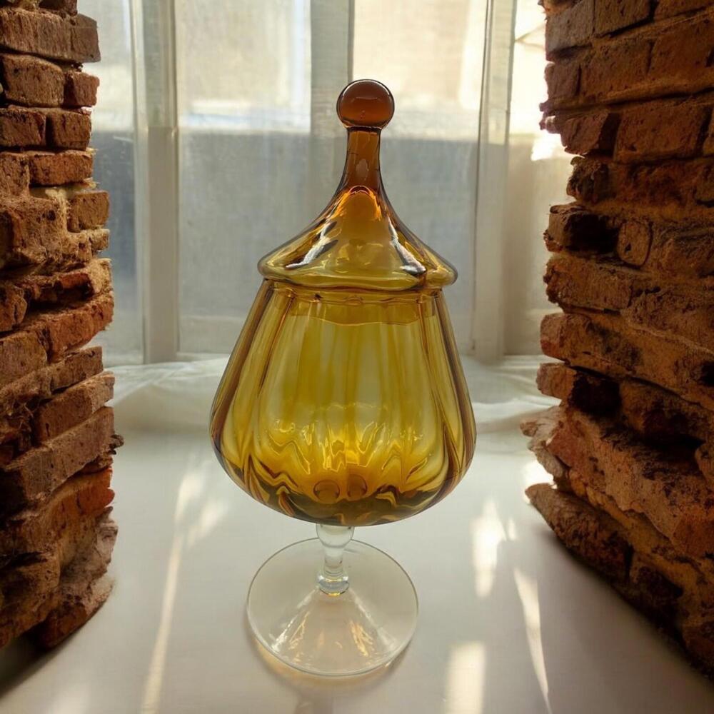 Empoli Italian Art Glass 12 " Amber Gold Optic Coloured Covered Candy Dish Apoth